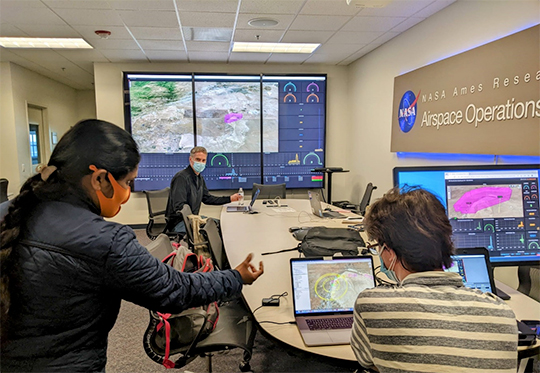 A team of Airspace Operations Lab researchers remotely supports flight testing from the Operations Center at NASA Ames